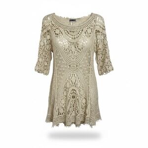 EARTHOUND beige crochet tunic top 3/4 sleeve boat neck open knit‎  S Boho